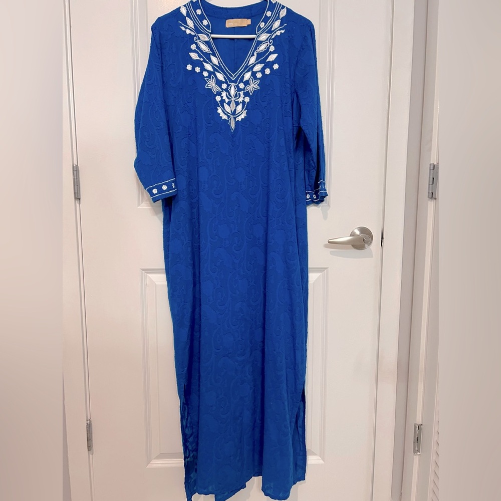 La Cera Cotton caftan with beading and embroidery - blue - size M - retail $99